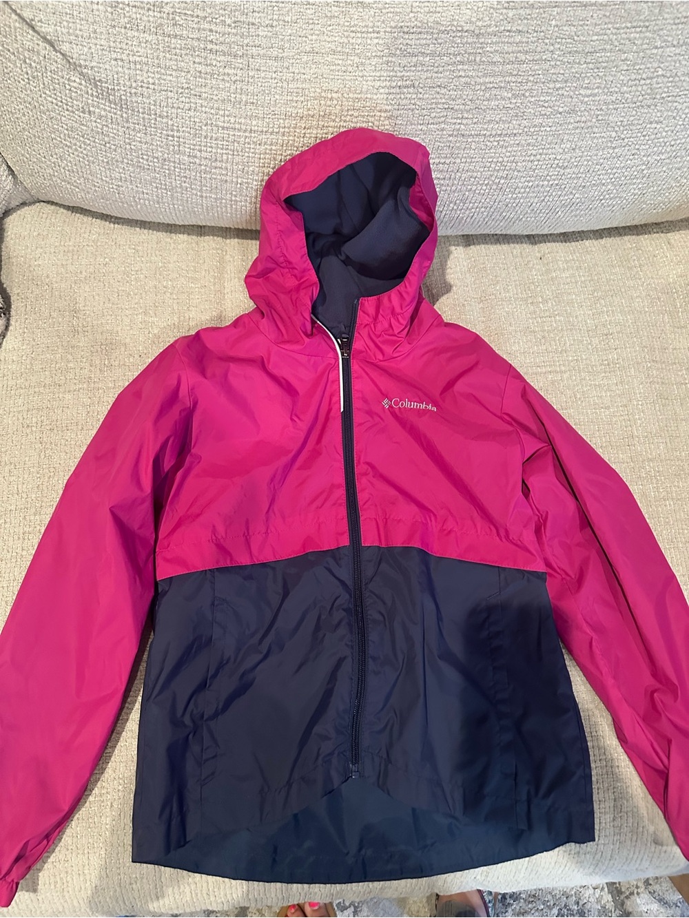 Columbia Kids Hooded Colorblock Rain Jacket - Pink & Navy Size Medium 10/12